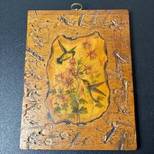 Vintage Handmade Wooden Hummingbird Picture. Decoupage. Primitive Art